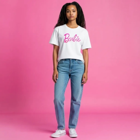 High Heels on the High Road Tops - NEW Runway Paris Barbie Cursive White & Hot Pink Sparkly Allover Sequin T-Shirt